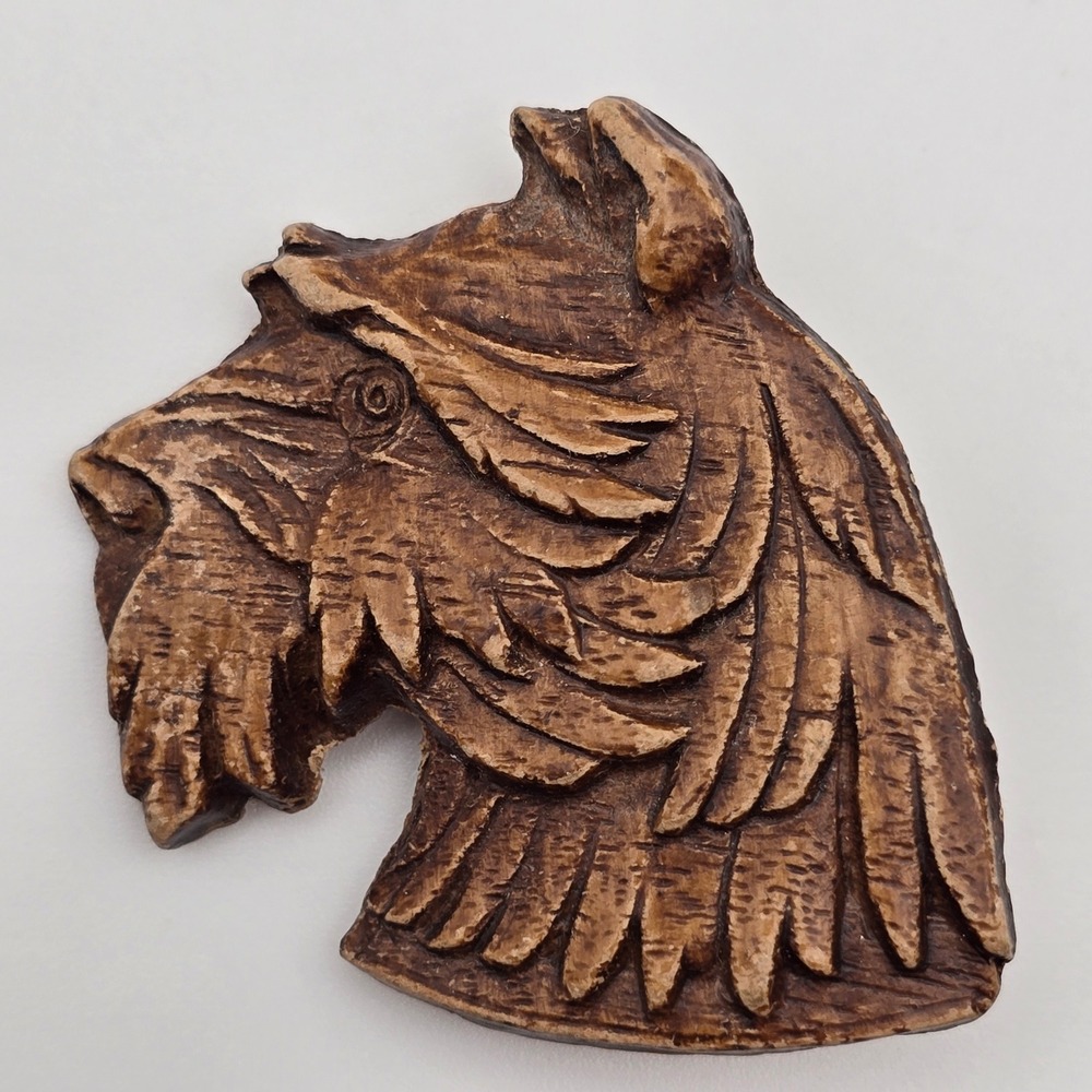 Vtg‎ Scottie Terrier Dog Head Pin Brooch Wood Carving Rustic Animal Lover Gift
